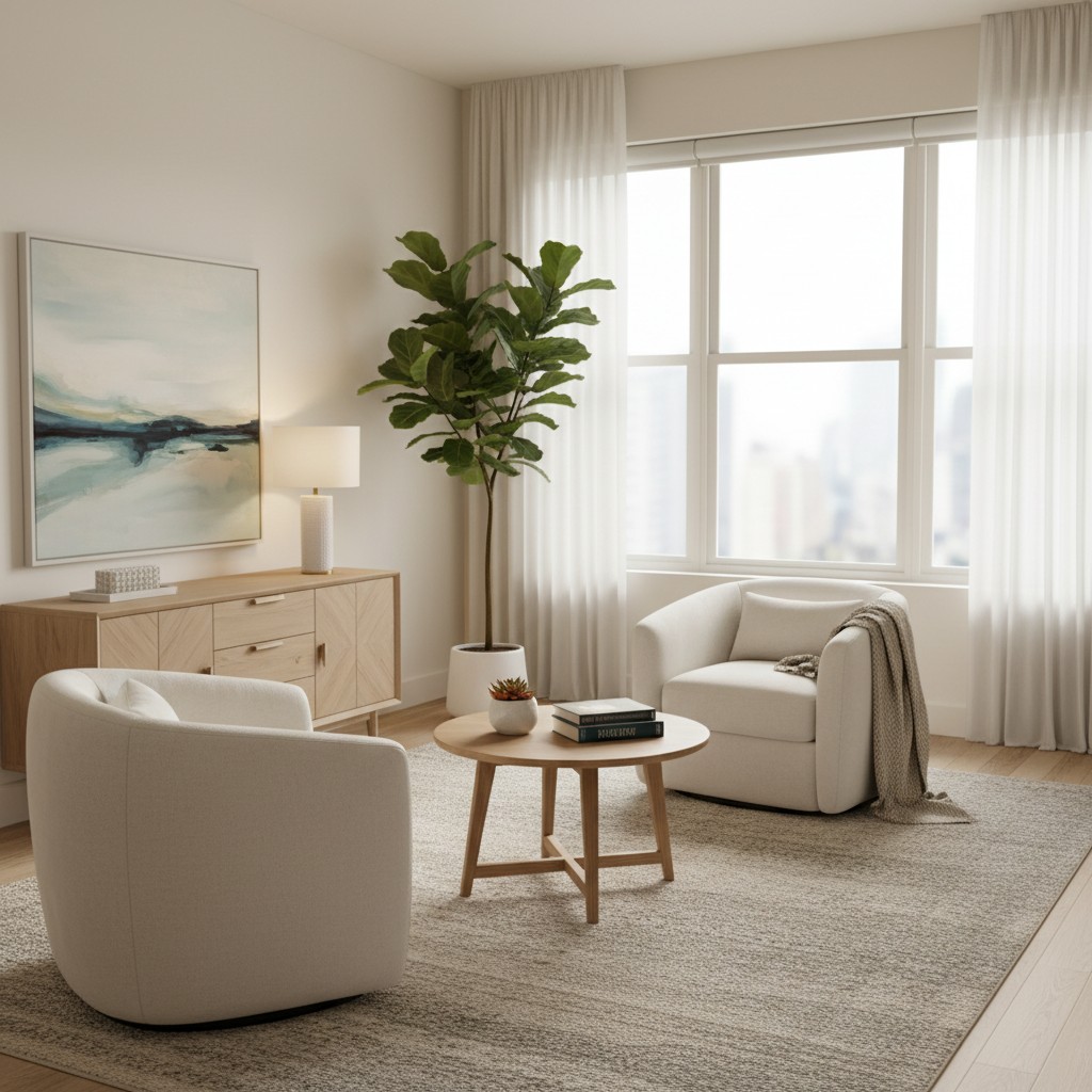 La imagen muestra un salón limpio y ordenado con dos sillas de color blanco, un centro de mesa de madera, un piso delgado ...