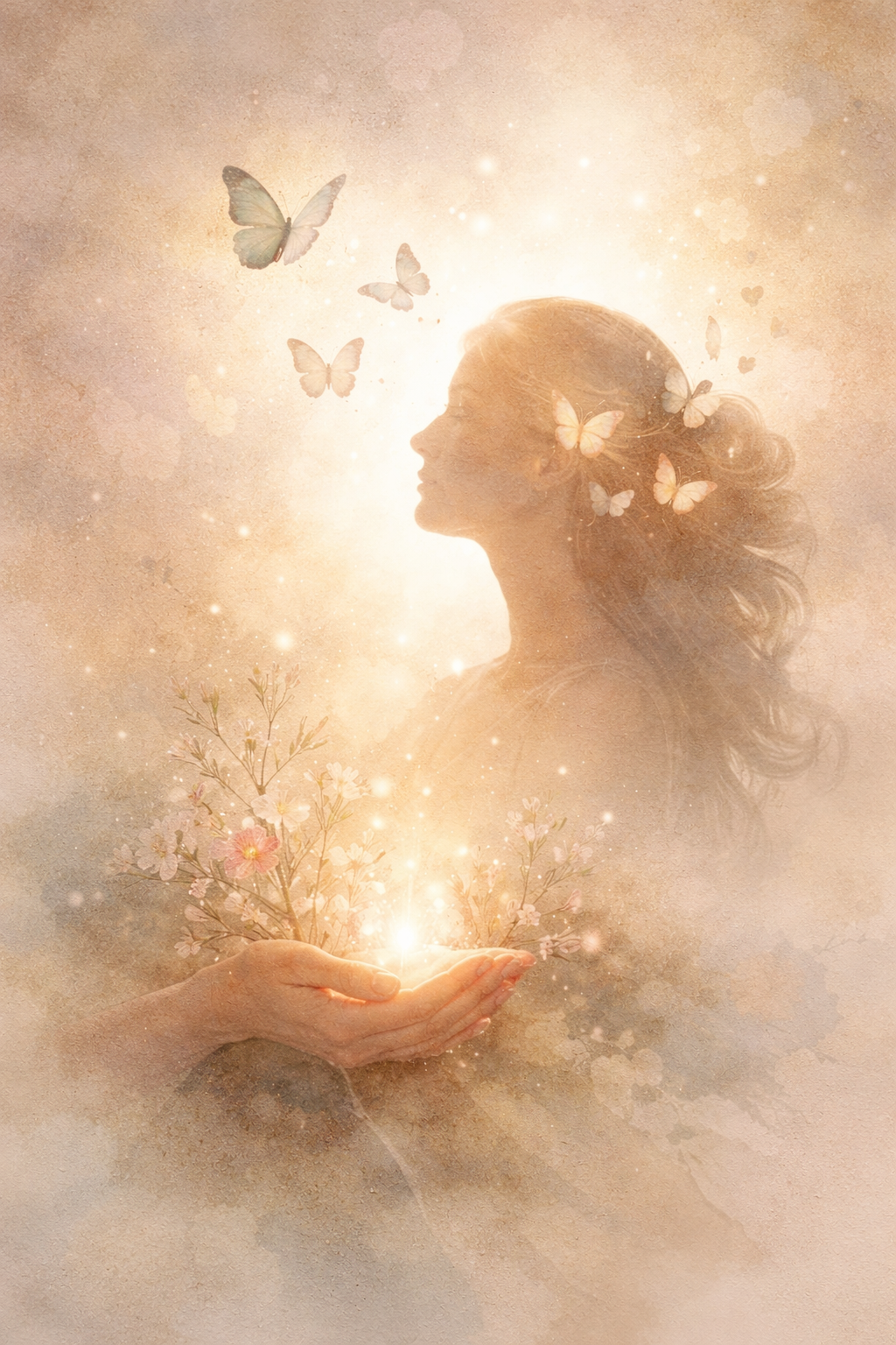Ilustración onírica de una mujer rodeada de mariposas y luz cálida, simbolizando sanación y bienestar emocional