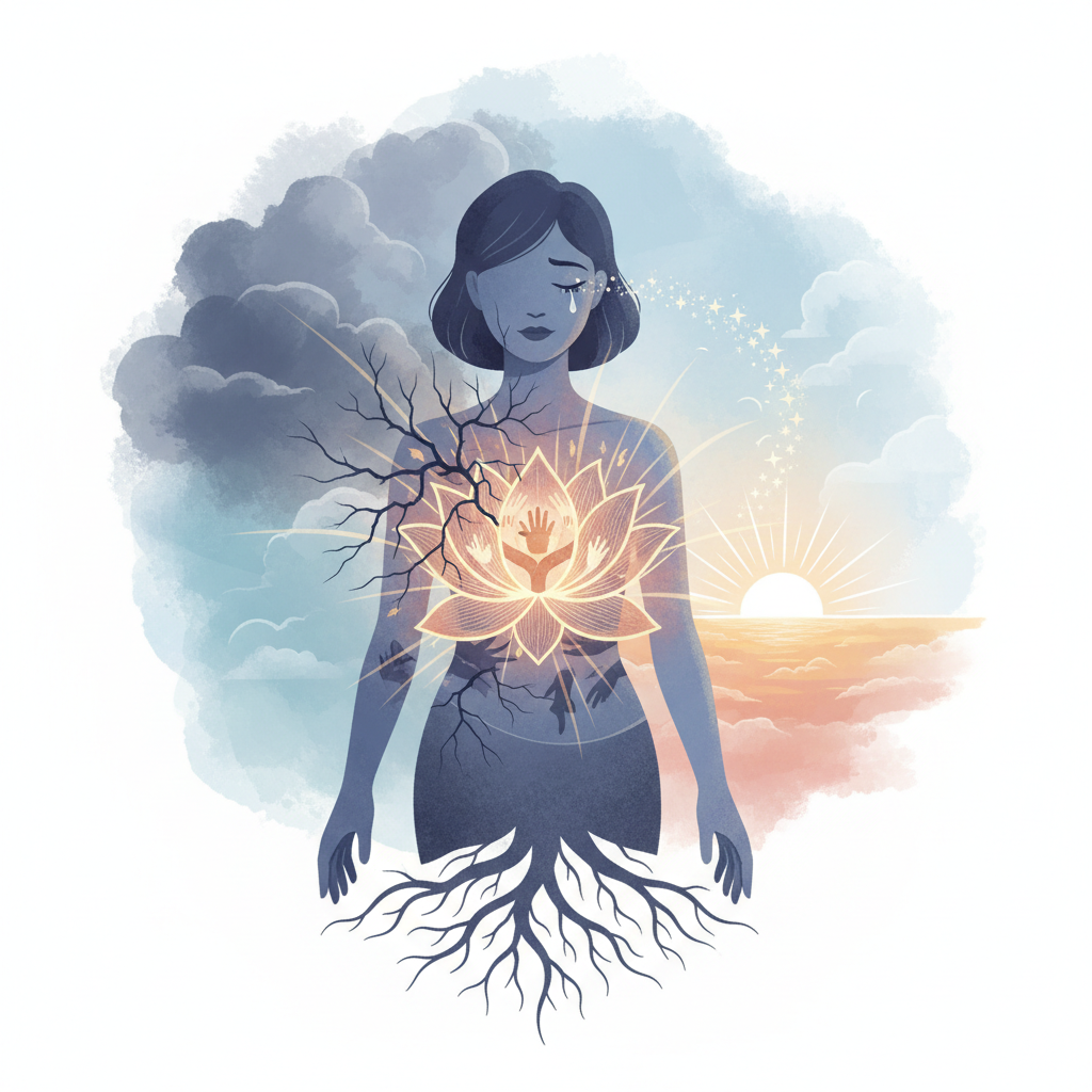 Imagen conceptual y sensible que represente apoyo psicológico y recuperación para mujeres víctimas de violencia de género. Escena con tonos cálidos y atmosféricos, transmitiendo esperanza, terapia y contención emocional.